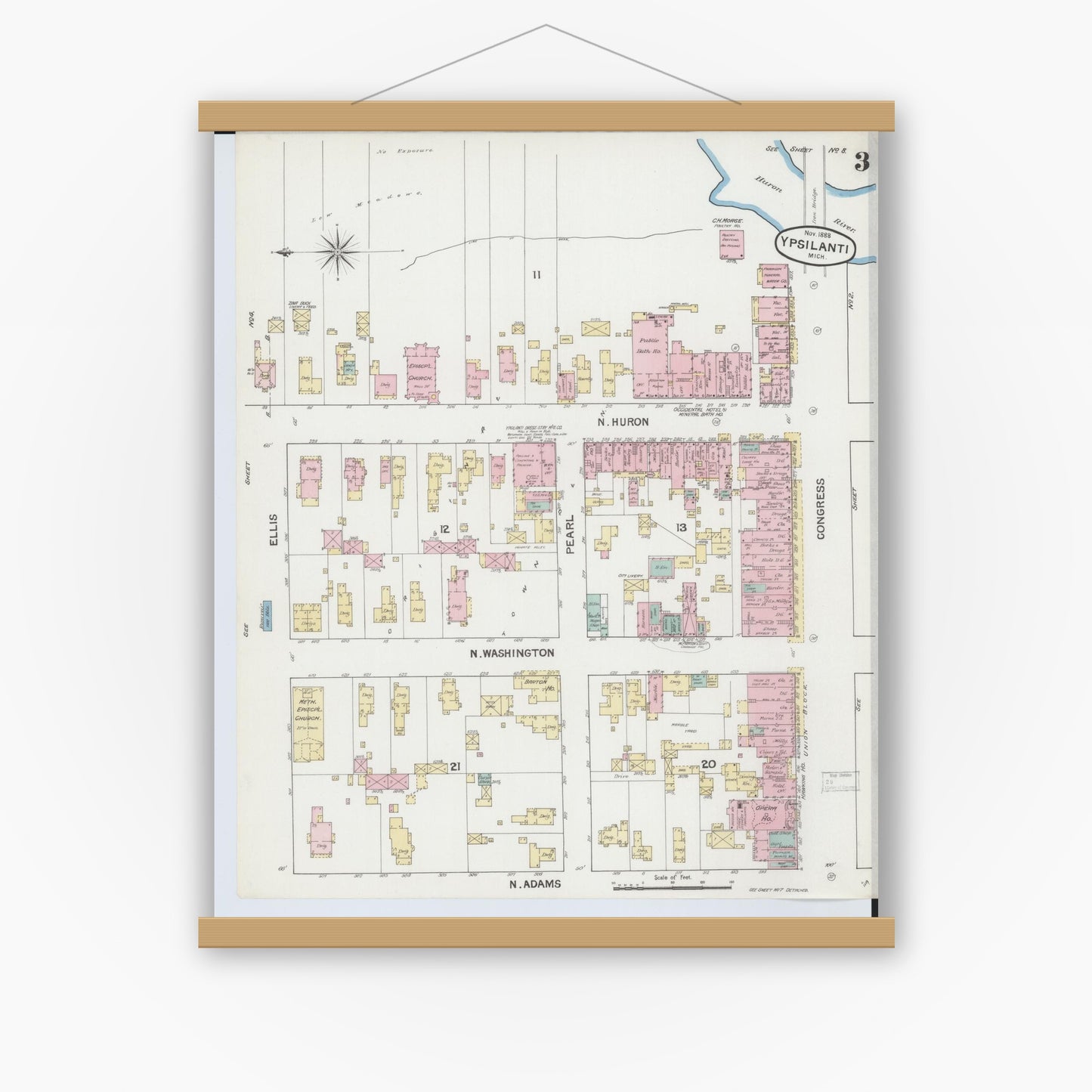 Old map wall art mockup — magnetic wood frame on white wall — Sanborn Fire Insurance Map from Ypsilanti, Washtenaw County, Michigan (1888), Sheet #0003