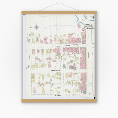 Old map wall art mockup — magnetic wood frame on white wall — Sanborn Fire Insurance Map from Ypsilanti, Washtenaw County, Michigan (1888), Sheet #0003