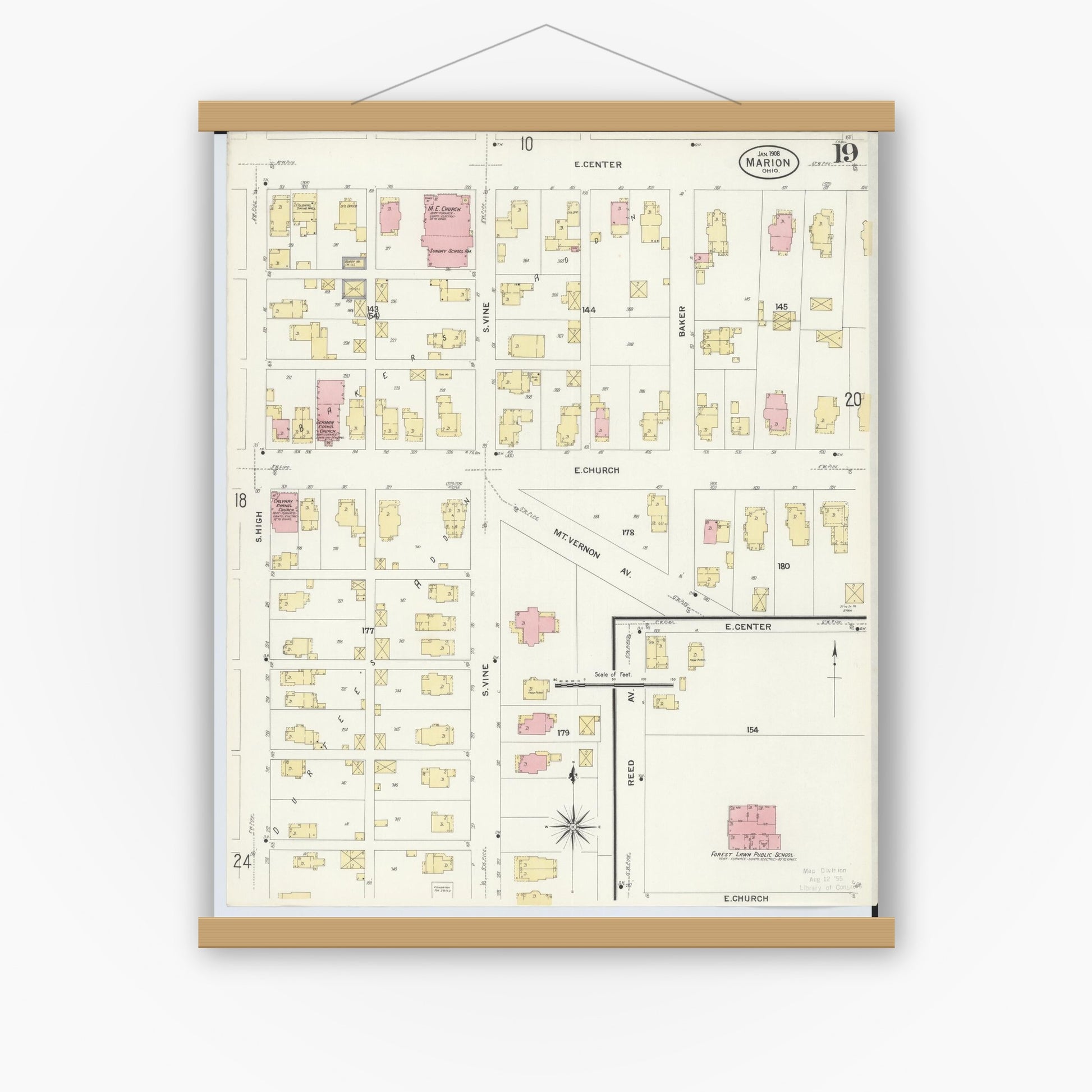 Old map wall art mockup — magnetic wood frame on white wall — Sanborn Fire Insurance Map from Marion, Marion County, Ohio (1908), Sheet #0019