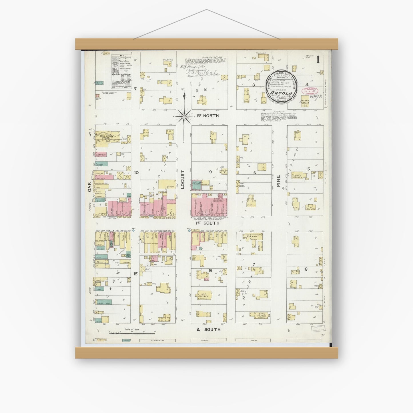Old map wall art mockup — magnetic wood frame on white wall — Sanborn Fire Insurance Map from Arcola, Douglas County, Illinois (1892), Sheet #0001