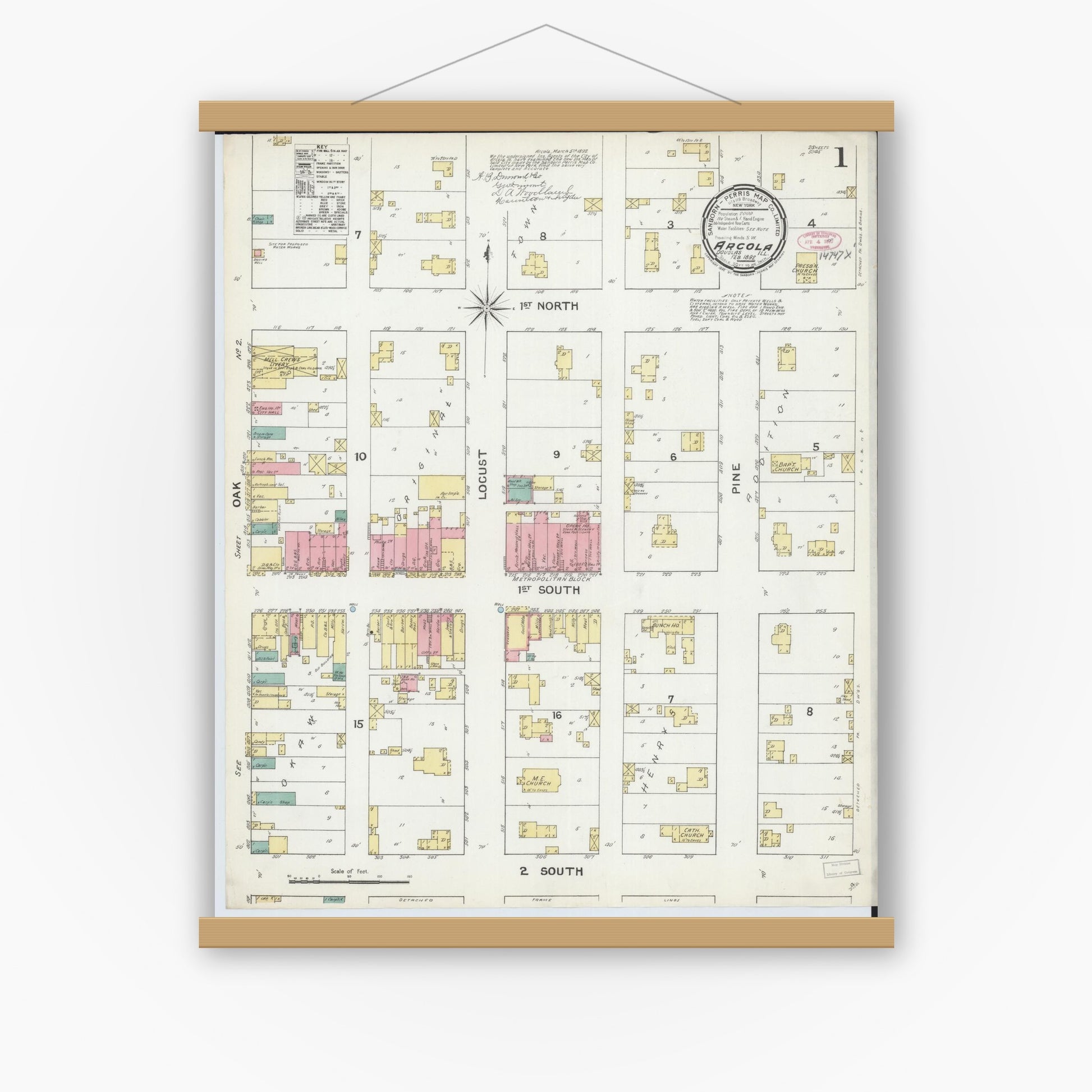 Old map wall art mockup — magnetic wood frame on white wall — Sanborn Fire Insurance Map from Arcola, Douglas County, Illinois (1892), Sheet #0001