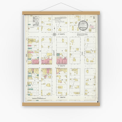 Old map wall art mockup — magnetic wood frame on white wall — Sanborn Fire Insurance Map from Arcola, Douglas County, Illinois (1892), Sheet #0001