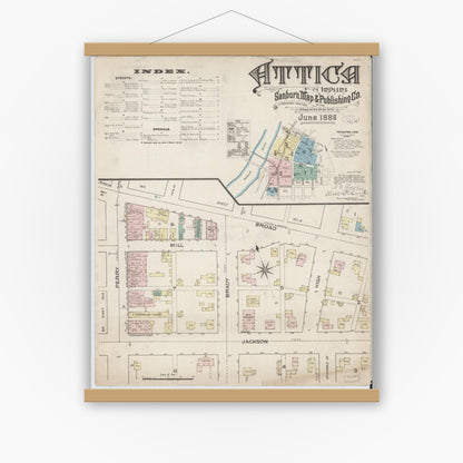Old map wall art mockup — magnetic wood frame on white wall — Sanborn Fire Insurance Map from Attica, Fountain County, Indiana (1886), Sheet #0001