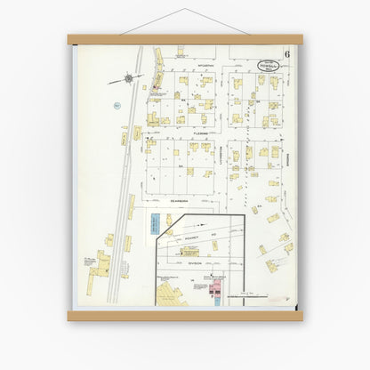 Old map wall art mockup — magnetic wood frame on white wall — Sanborn Fire Insurance Map from Howell, Livingston County, Michigan (1910), Sheet #0006