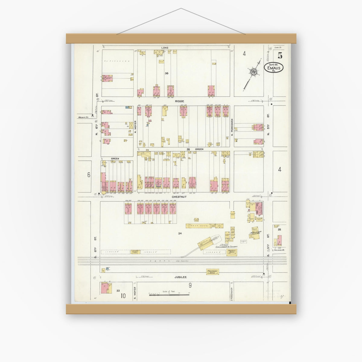 Old map wall art mockup — magnetic wood frame on white wall — Sanborn Fire Insurance Map from Emaus, Lehigh County, Pennsylvania (1911), Sheet #0005