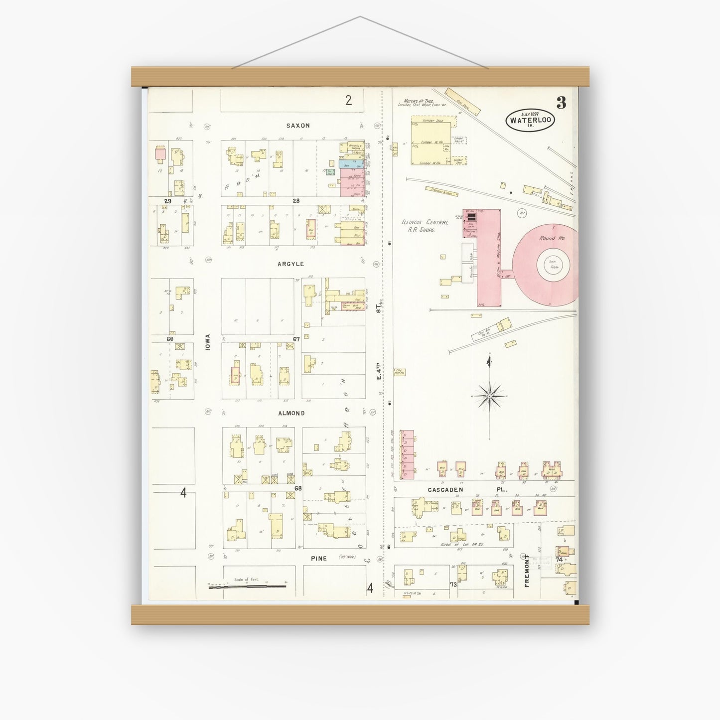 Old map wall art mockup — magnetic wood frame on white wall — Sanborn Fire Insurance Map from Waterloo, Black Hawk County, Iowa (1897), Sheet #0003