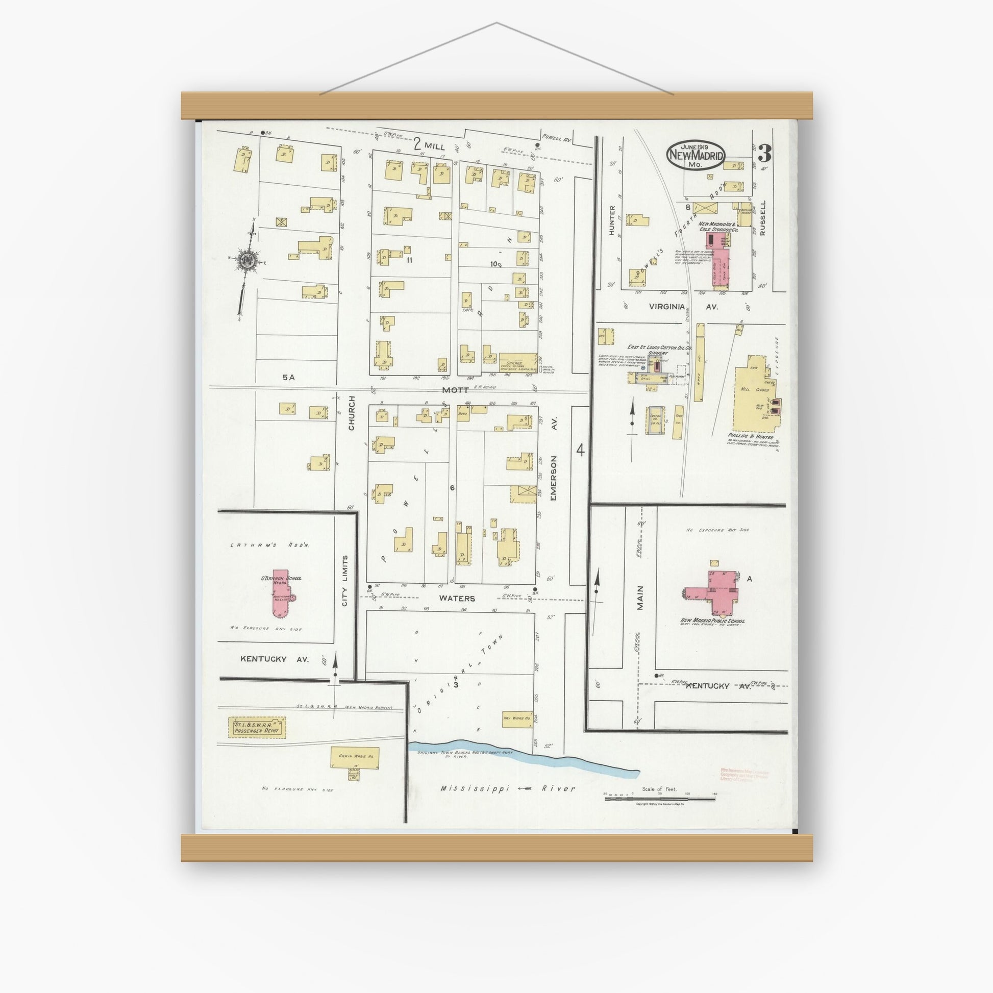 Old map wall art mockup — magnetic wood frame on white wall — Sanborn Fire Insurance Map from New Madrid, New Madrid County, Missouri (1919), Sheet #0003