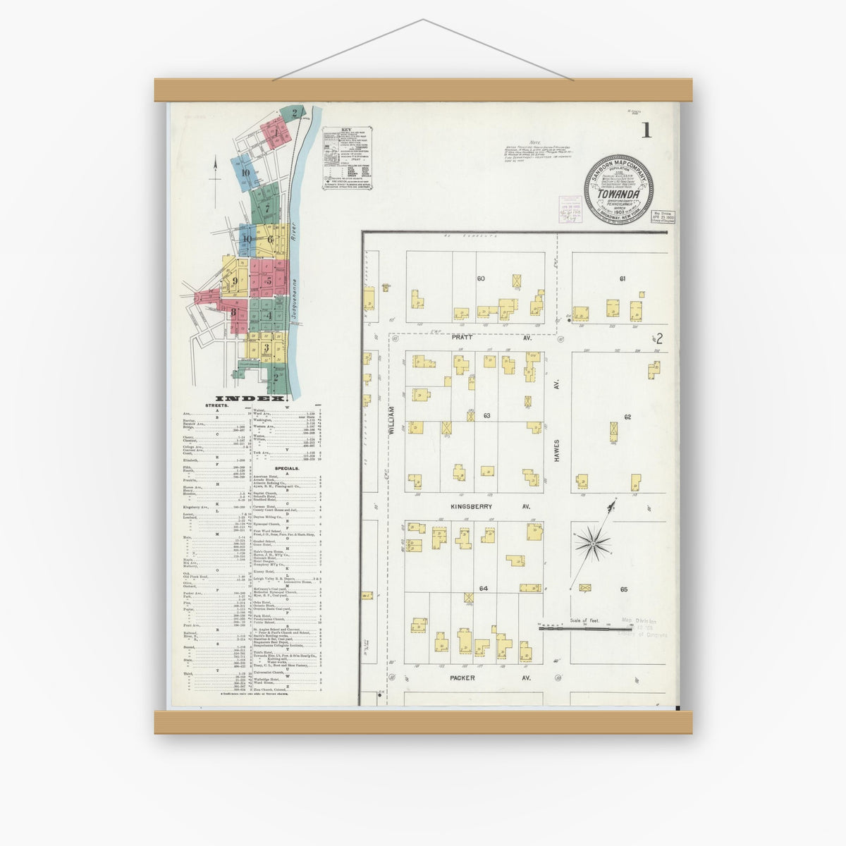 Old map wall art mockup — magnetic wood frame on white wall — Sanborn Fire Insurance Map from Towanda, Bradford County, Pennsylvania (1903) - Complete Map Set