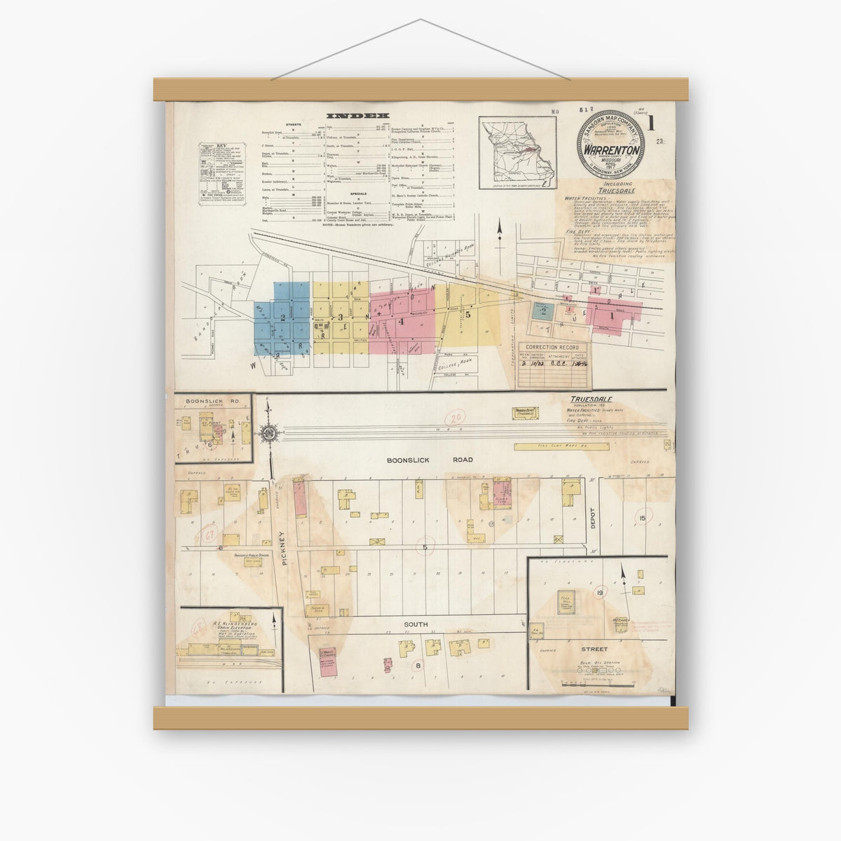 Old map wall art mockup — magnetic wood frame on white wall — Sanborn Fire Insurance Map from Warrenton, Warren County, Missouri (1932) - Complete Map Set