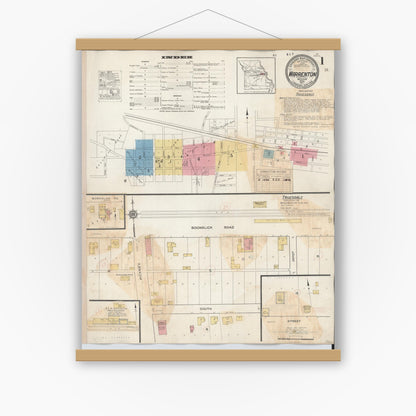 Old map wall art mockup — magnetic wood frame on white wall — Sanborn Fire Insurance Map from Warrenton, Warren County, Missouri (1932) - Complete Map Set