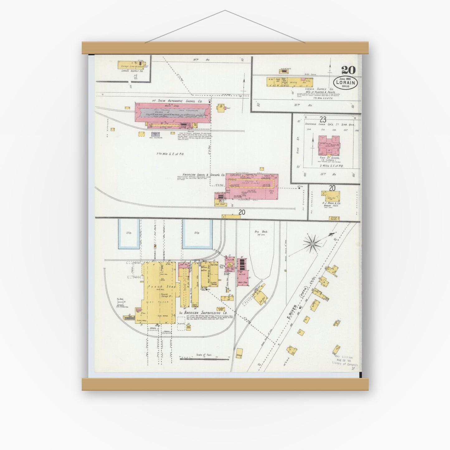 Old map wall art mockup — magnetic wood frame on white wall — Sanborn Fire Insurance Map from Lorain, Lorain County, Ohio (1905), Sheet #0020