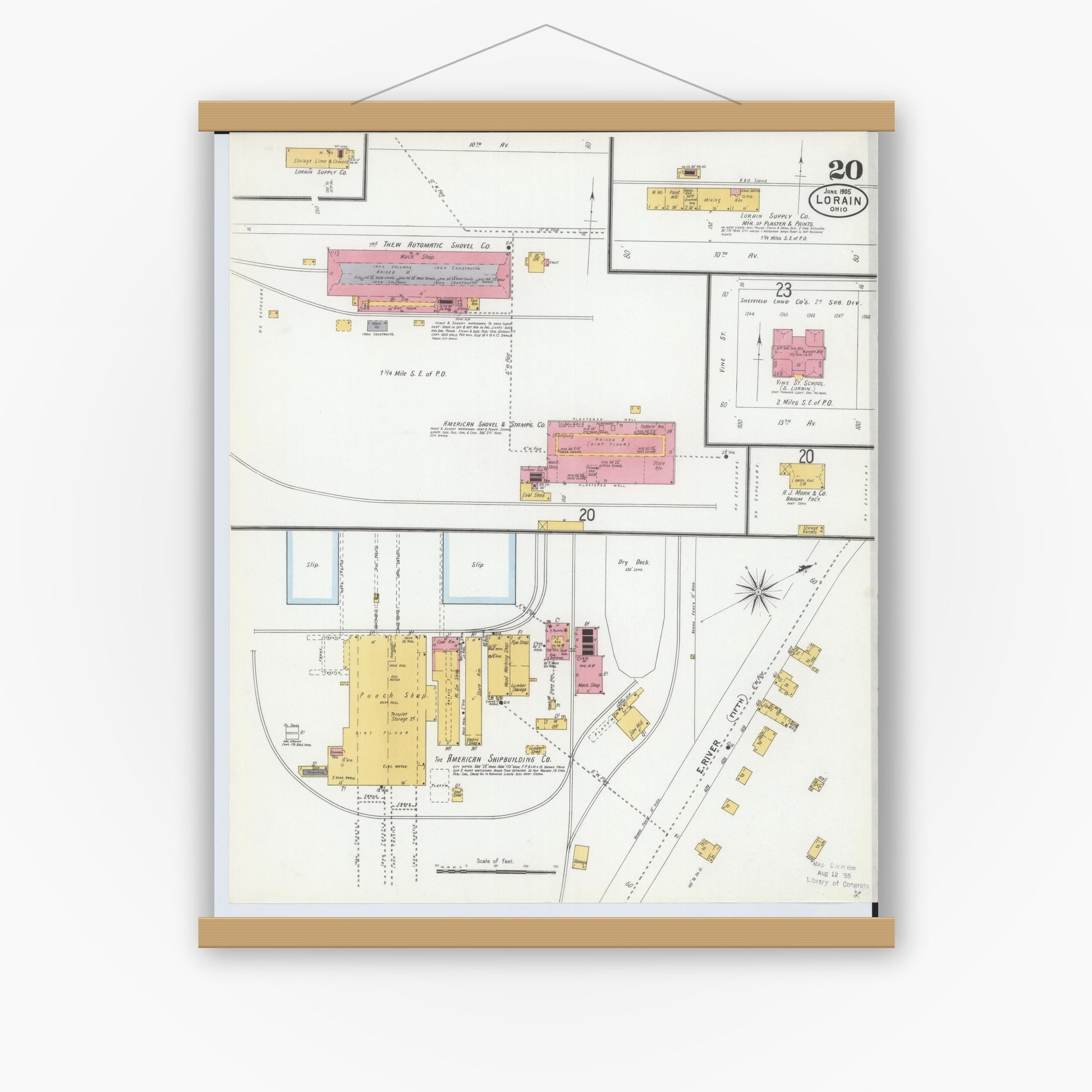 Old map wall art mockup — magnetic wood frame on white wall — Sanborn Fire Insurance Map from Lorain, Lorain County, Ohio (1905), Sheet #0020