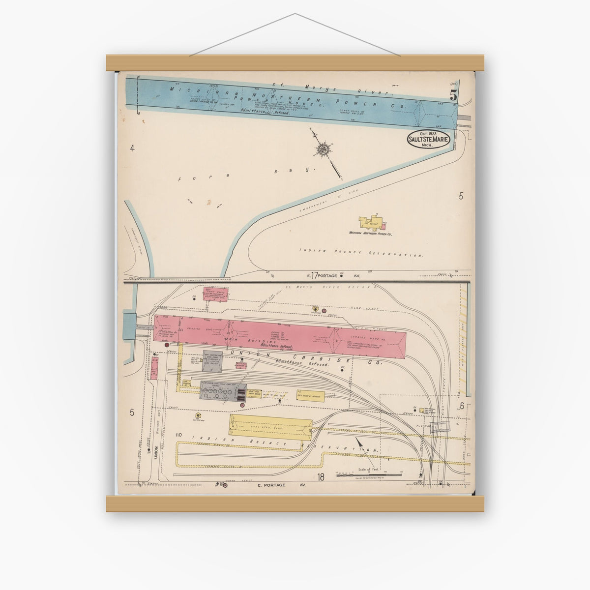 Old map wall art mockup — magnetic wood frame on white wall — Sanborn Fire Insurance Map from Sault Sainte Marie, Chippewa County, Michigan (1922), Sheet #0005