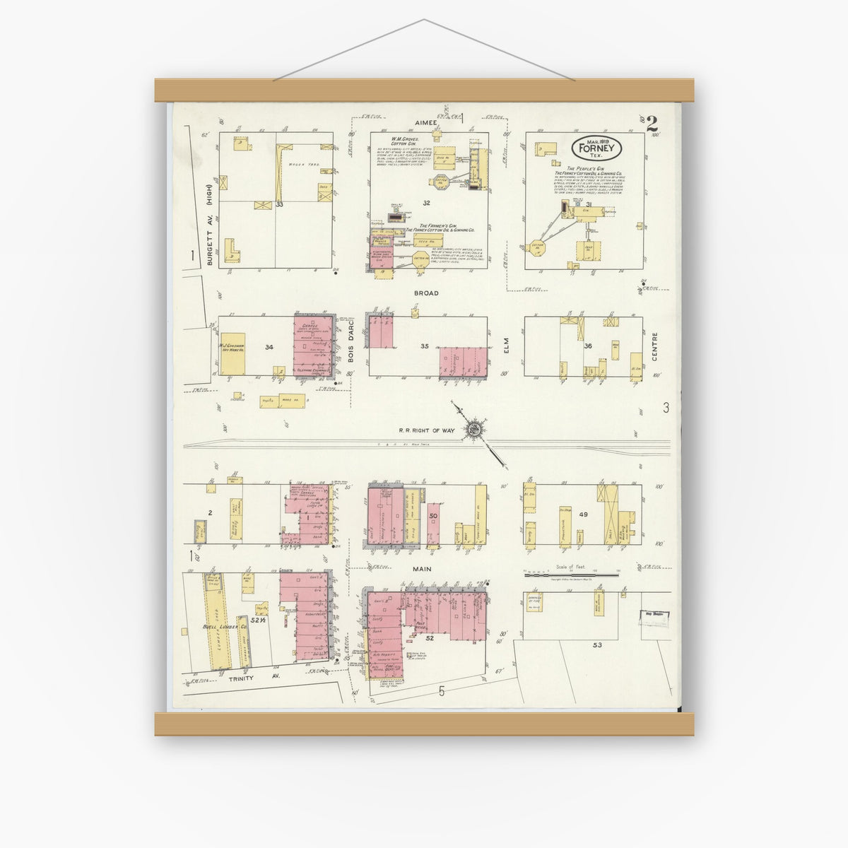 Old map wall art mockup — magnetic wood frame on white wall — Sanborn Fire Insurance Map from Forney, Kaufman County, Texas (1919), Sheet #0002