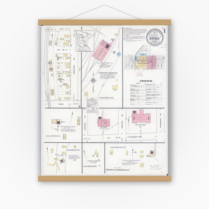 Old map wall art mockup — magnetic wood frame on white wall — Sanborn Fire Insurance Map from Biwabik, Saint Louis County, Minnesota (1912), Sheet #0001