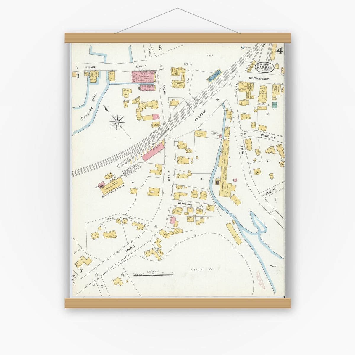 Old map wall art mockup — magnetic wood frame on white wall — Sanborn Fire Insurance Map from Warren, Worcester County, Massachusetts (1906), Sheet #0004