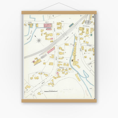 Old map wall art mockup — magnetic wood frame on white wall — Sanborn Fire Insurance Map from Warren, Worcester County, Massachusetts (1906), Sheet #0004