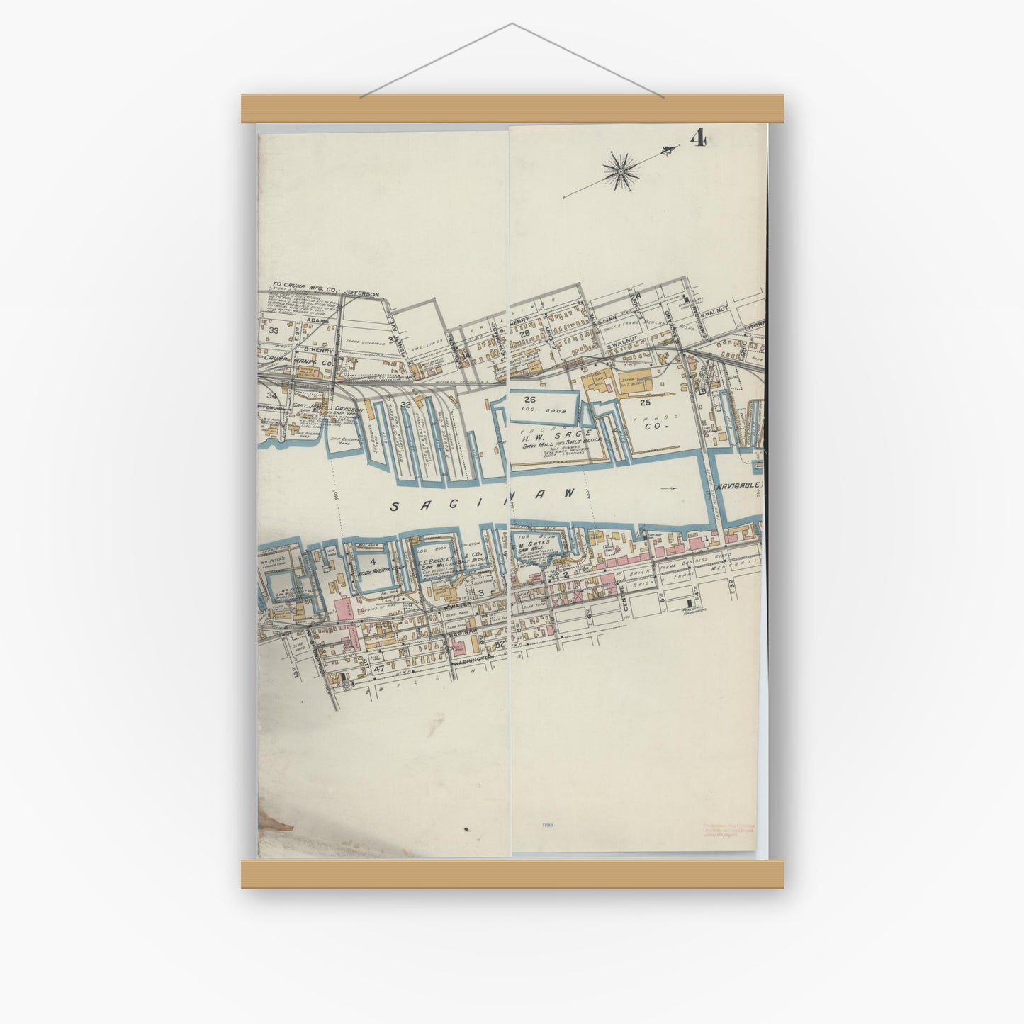 Old map wall art mockup — magnetic wood frame on white wall — Sanborn Fire Insurance Map from Bay City, Bay County, Michigan (1895), Sheet #0004