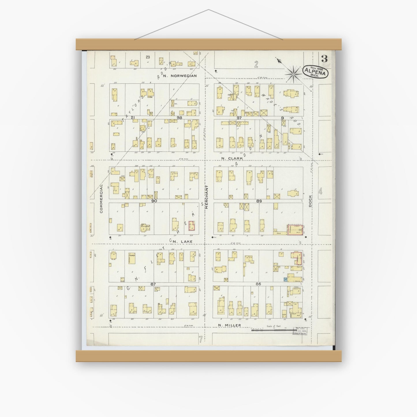 Old map wall art mockup — magnetic wood frame on white wall — Sanborn Fire Insurance Map from Alpena, Alpena County, Michigan (1895), Sheet #0003