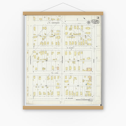 Old map wall art mockup — magnetic wood frame on white wall — Sanborn Fire Insurance Map from Alpena, Alpena County, Michigan (1895), Sheet #0003