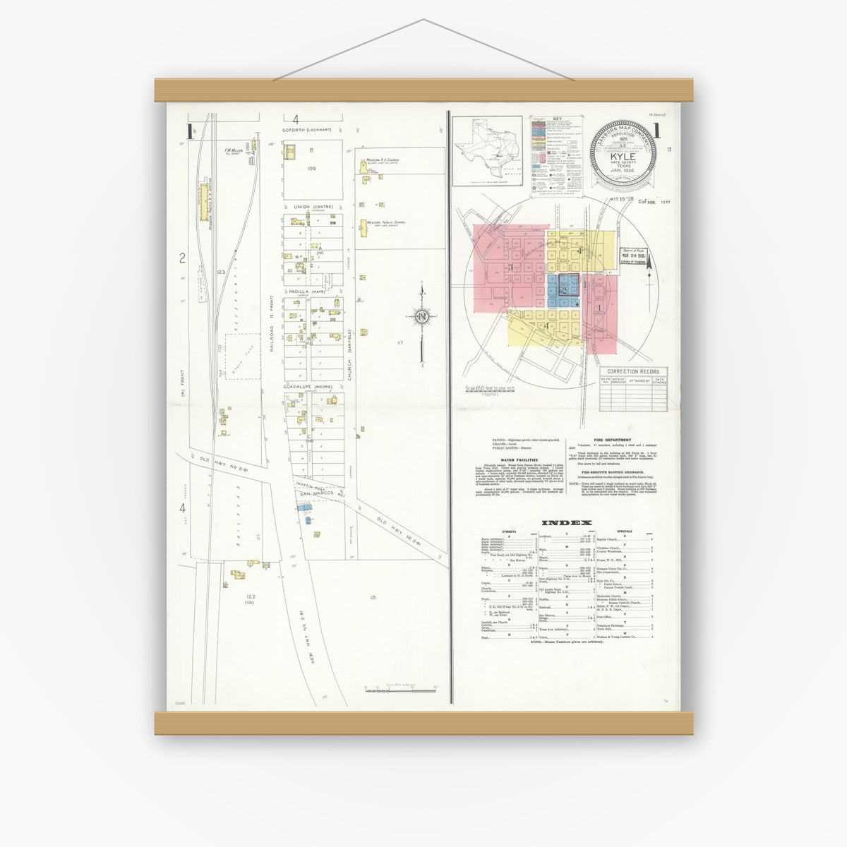 Old map wall art mockup — magnetic wood frame on white wall — Sanborn Fire Insurance Map from Kyle, Hays County, Texas (1936) - Complete Map Set