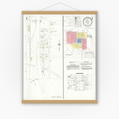 Old map wall art mockup — magnetic wood frame on white wall — Sanborn Fire Insurance Map from Kyle, Hays County, Texas (1936) - Complete Map Set