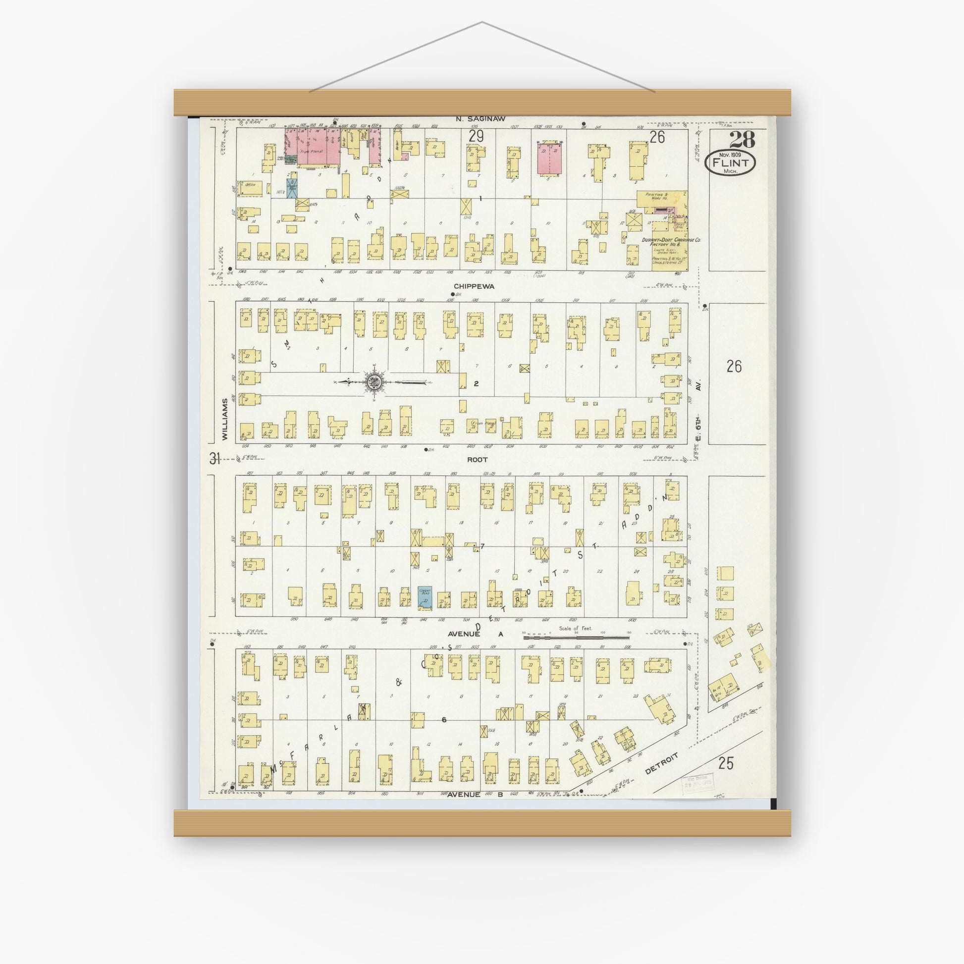Old map wall art mockup — magnetic wood frame on white wall — Sanborn Fire Insurance Map from Flint, Genesee County, Michigan (1909), Sheet #0028
