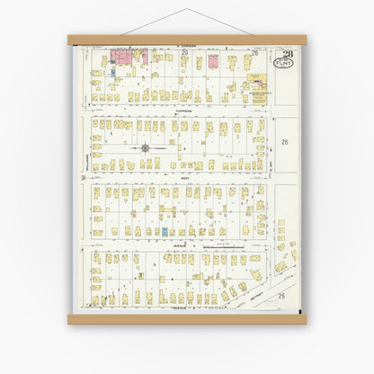 Old map wall art mockup — magnetic wood frame on white wall — Sanborn Fire Insurance Map from Flint, Genesee County, Michigan (1909), Sheet #0028