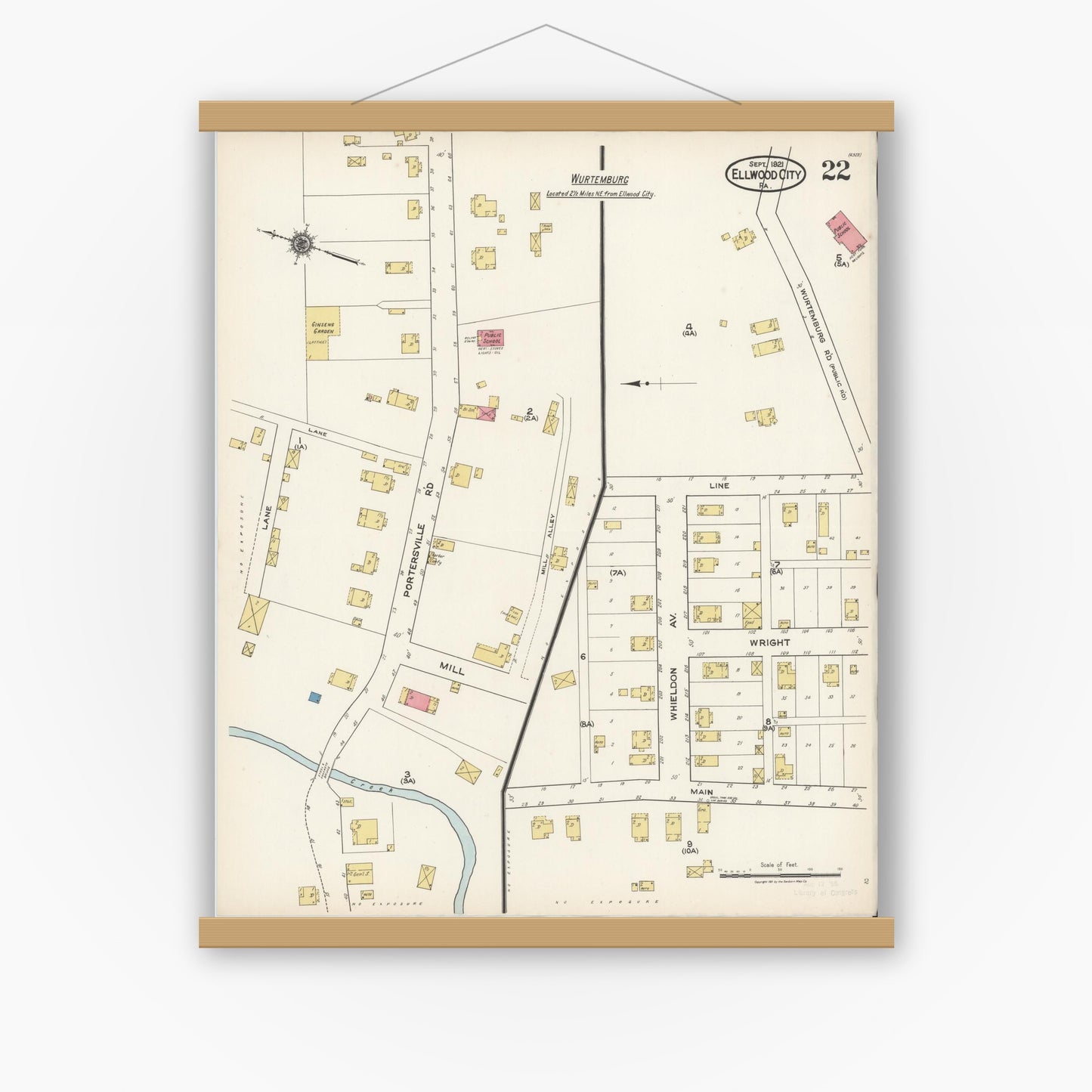 Old map wall art mockup — magnetic wood frame on white wall — Sanborn Fire Insurance Map from Ellwood City, Lawrence County, Pennsylvania (1921), Sheet #0022
