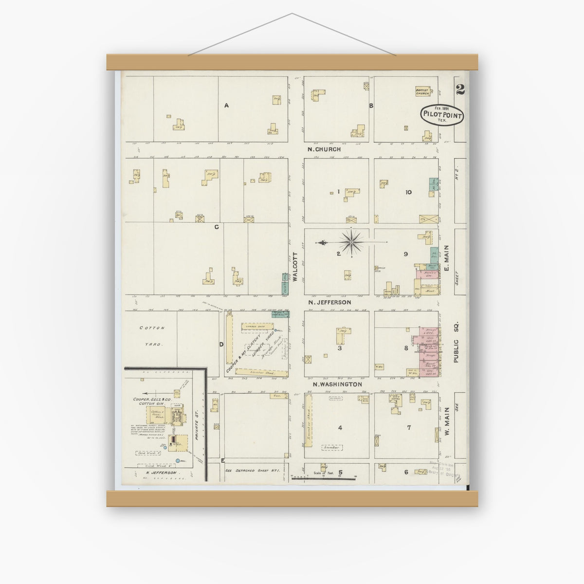 Old map wall art mockup — magnetic wood frame on white wall — Sanborn Fire Insurance Map from Pilot Point, Denton County, Texas (1891), Sheet #0002