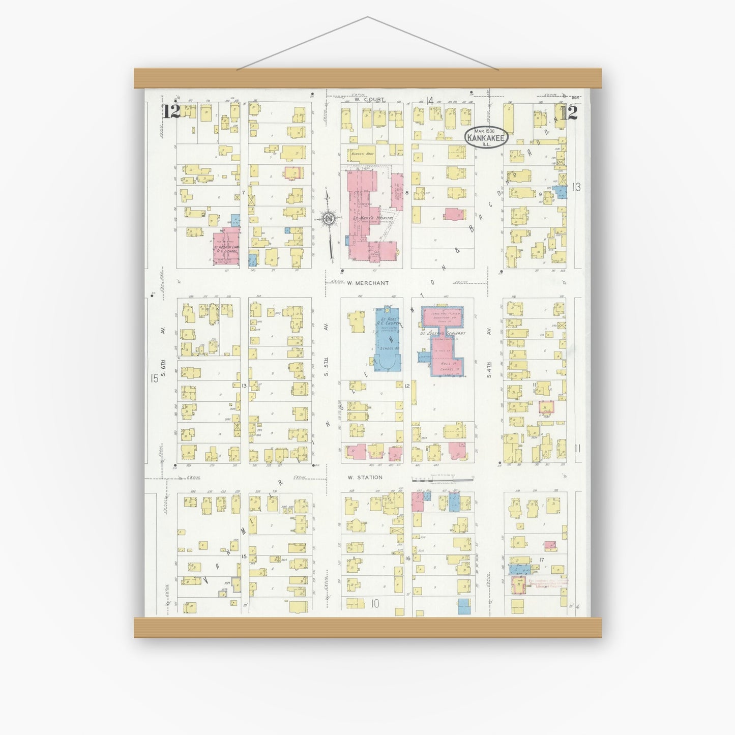 Old map wall art mockup — magnetic wood frame on white wall — Sanborn Fire Insurance Map from Kankakee, Kankakee County, Illinois (1930), Sheet #0012