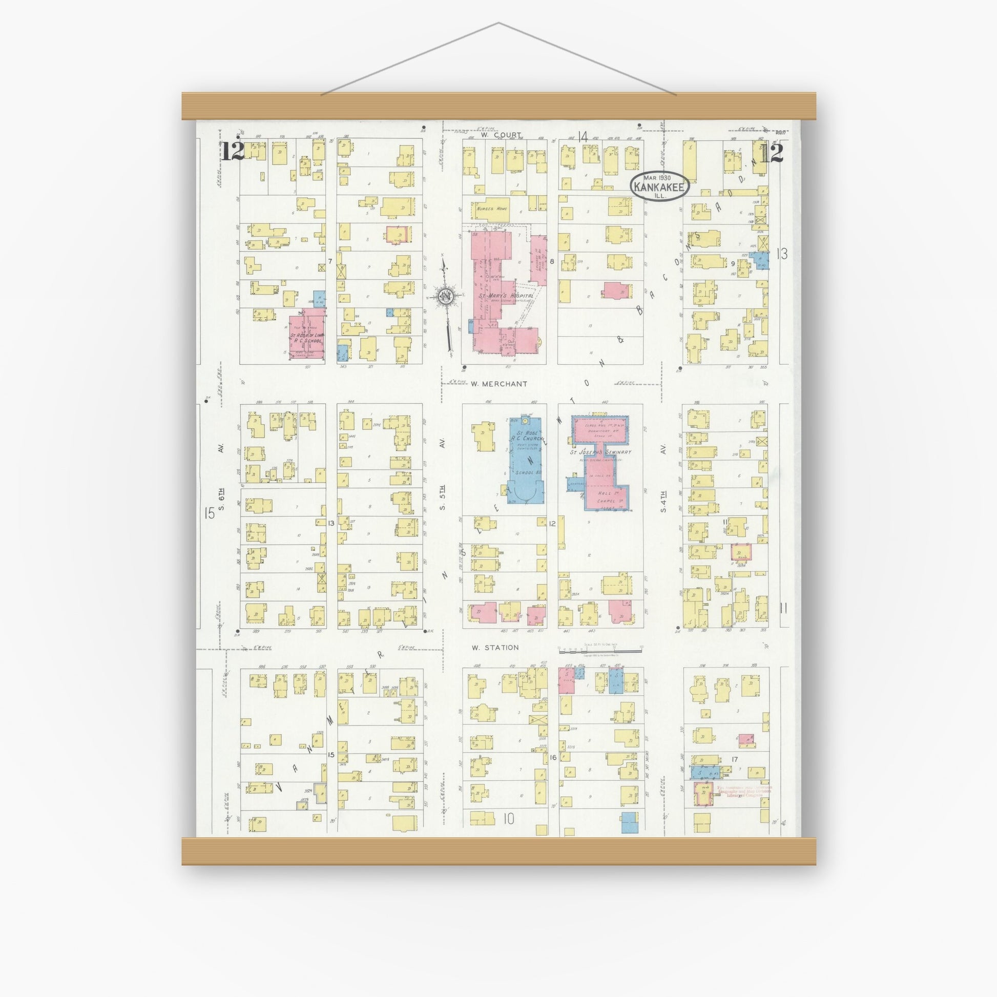 Old map wall art mockup — magnetic wood frame on white wall — Sanborn Fire Insurance Map from Kankakee, Kankakee County, Illinois (1930), Sheet #0012