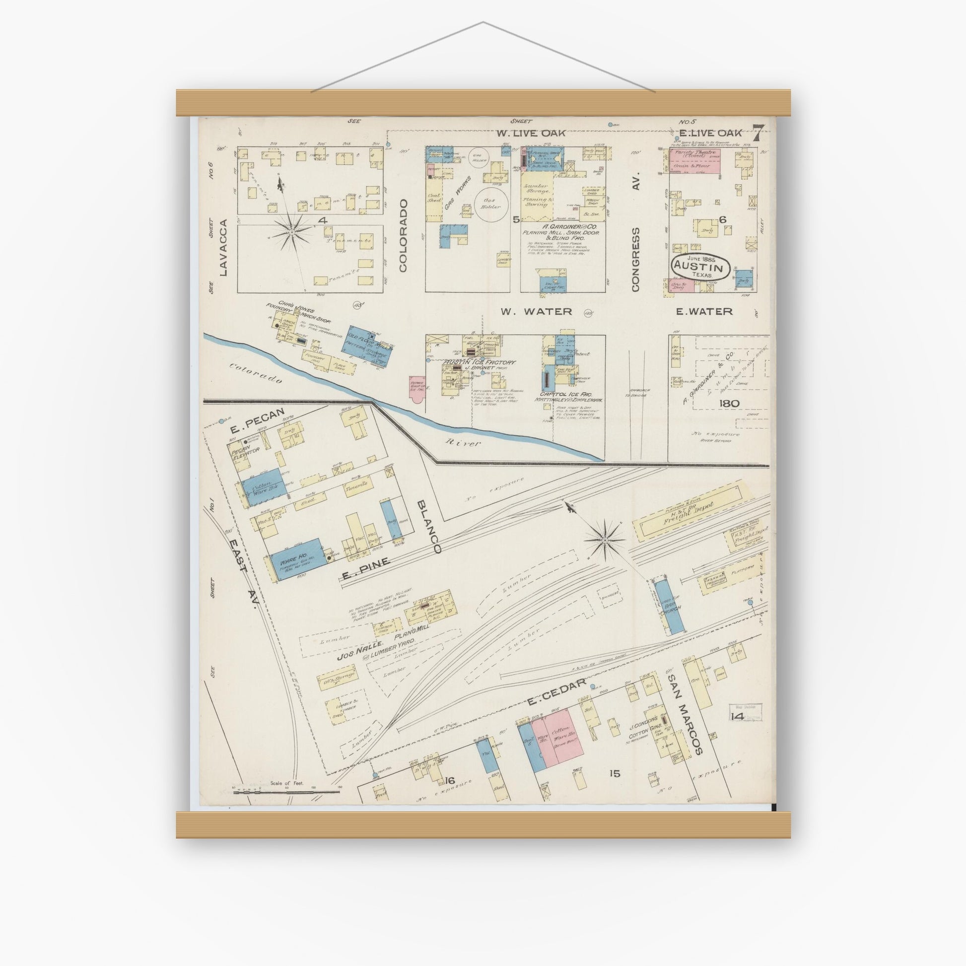 Old map wall art mockup — magnetic wood frame on white wall — Sanborn Fire Insurance Map from Austin, Travis County, Texas (1885), Sheet #0007