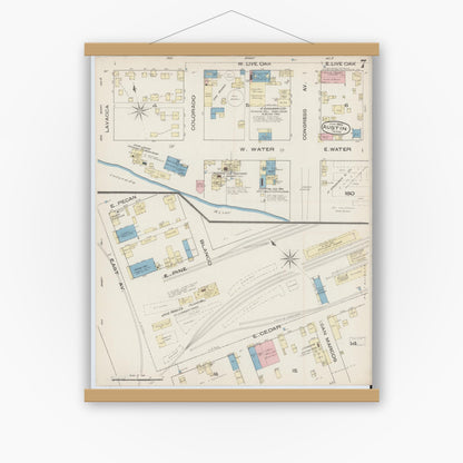 Old map wall art mockup — magnetic wood frame on white wall — Sanborn Fire Insurance Map from Austin, Travis County, Texas (1885), Sheet #0007