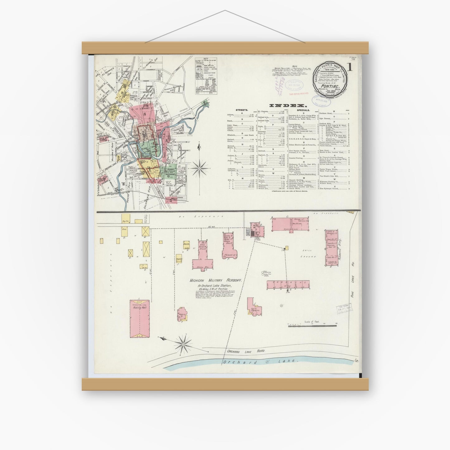 Old map wall art mockup — magnetic wood frame on white wall — Sanborn Fire Insurance Map from Pontiac, Oakland County, Michigan (1898) - Complete Map Set