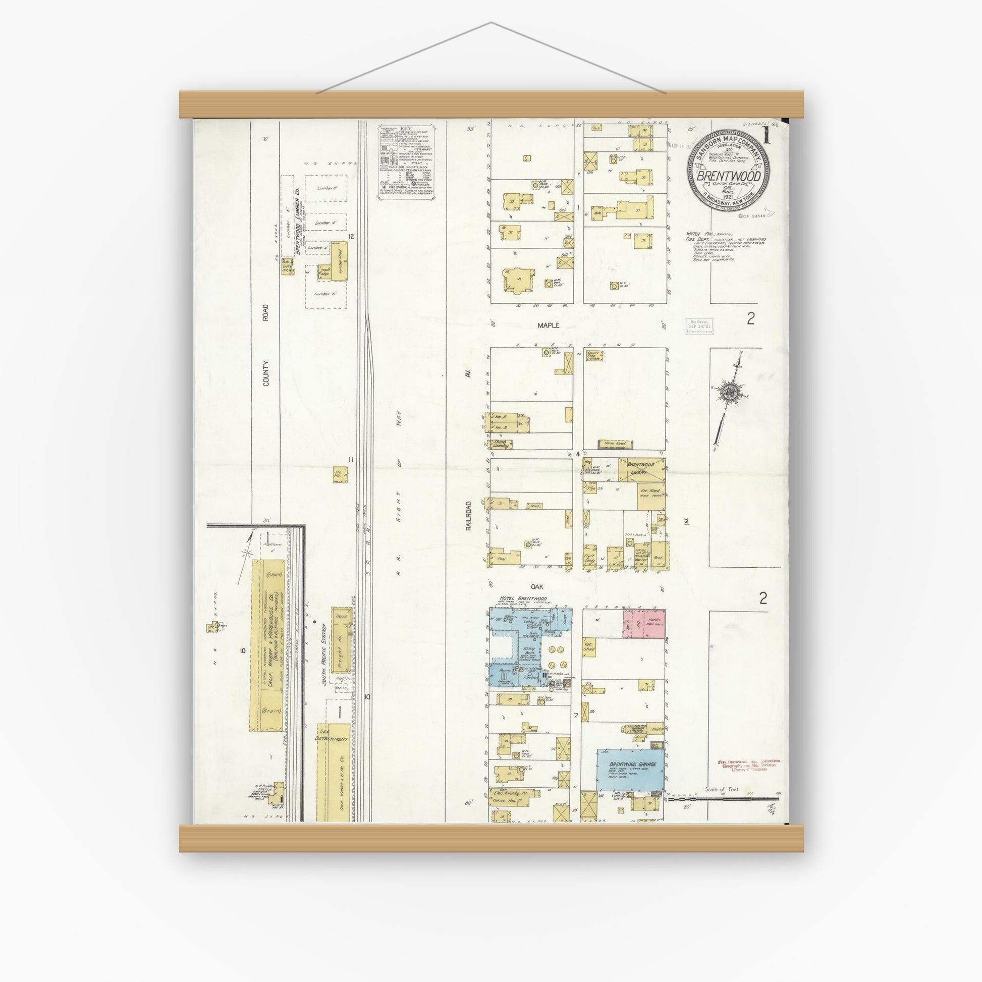 Old map wall art mockup — magnetic wood frame on white wall — Sanborn Fire Insurance Map from Brentwood, Contra Costa County, California (1921) - Complete Map Set
