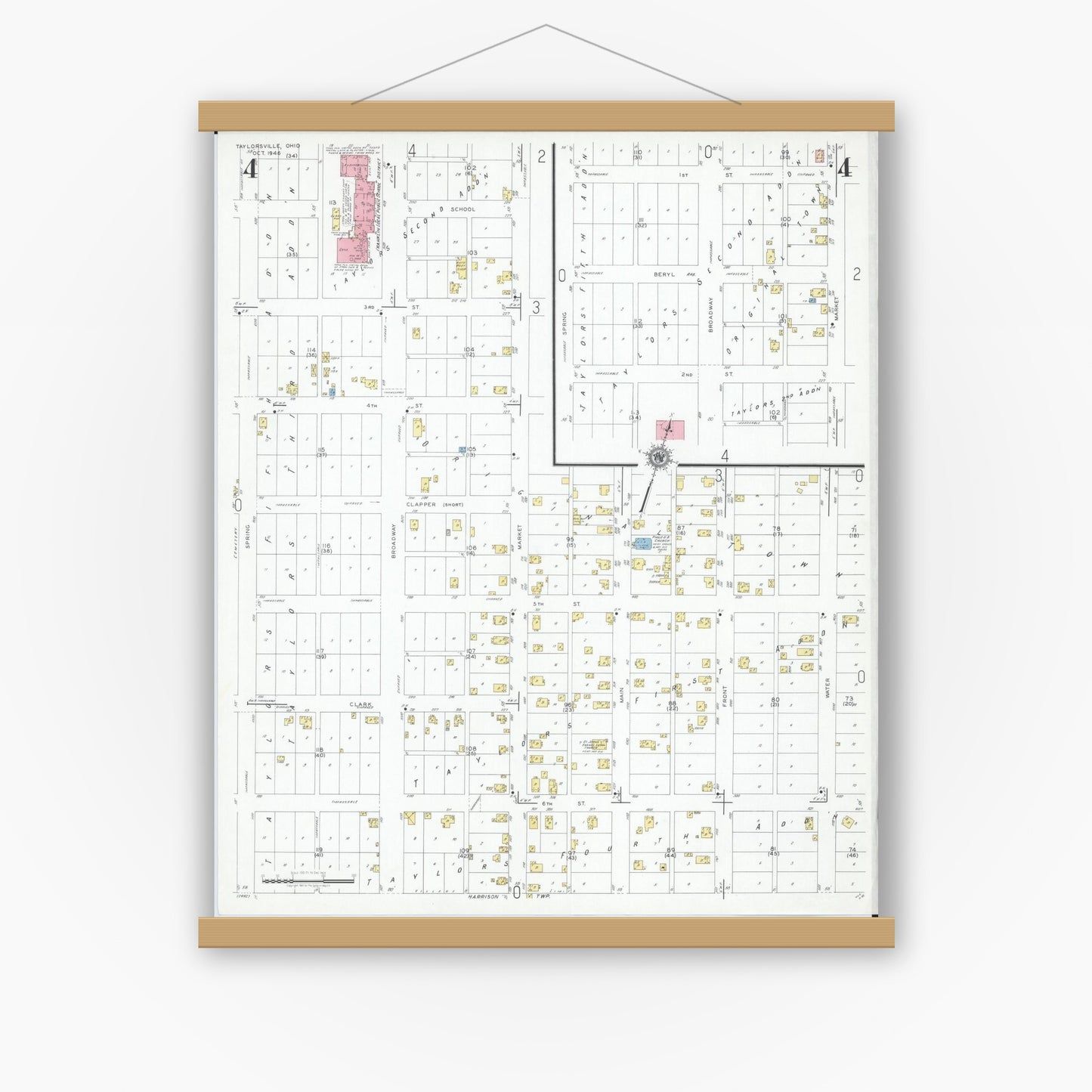 Old map wall art mockup — magnetic wood frame on white wall — Sanborn Fire Insurance Map from Taylorsville, Muskingum County, Ohio (1946), Sheet #0004