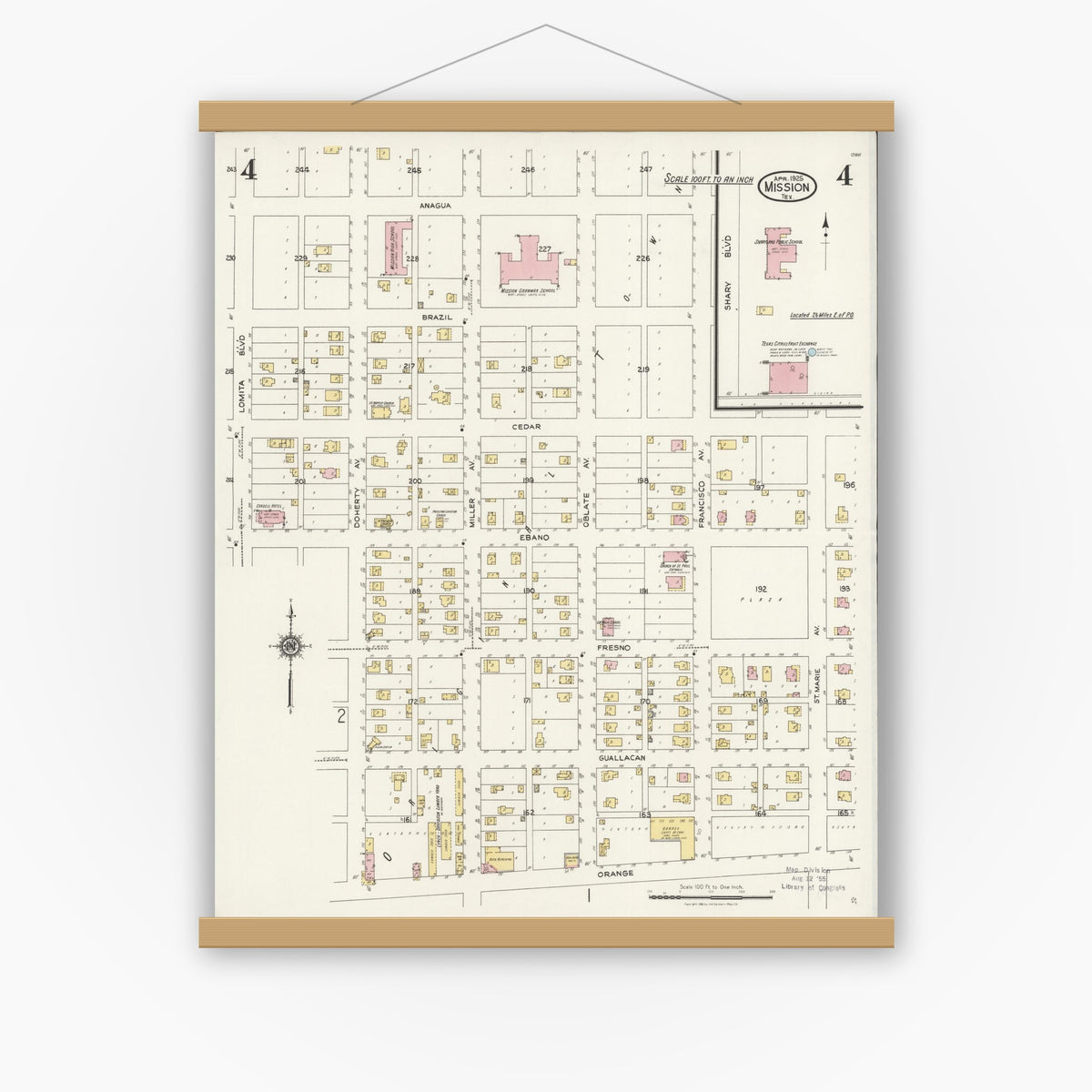 Old map wall art mockup — magnetic wood frame on white wall — Sanborn Fire Insurance Map from Mission, Hidalgo County, Texas (1925), Sheet #0004