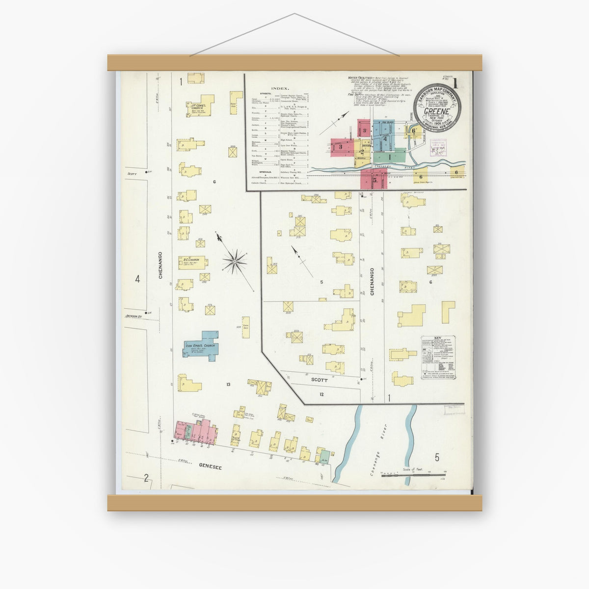 Old map wall art mockup — magnetic wood frame on white wall — Sanborn Fire Insurance Map from Greene, Chenango County, New York (1908), Sheet #0001