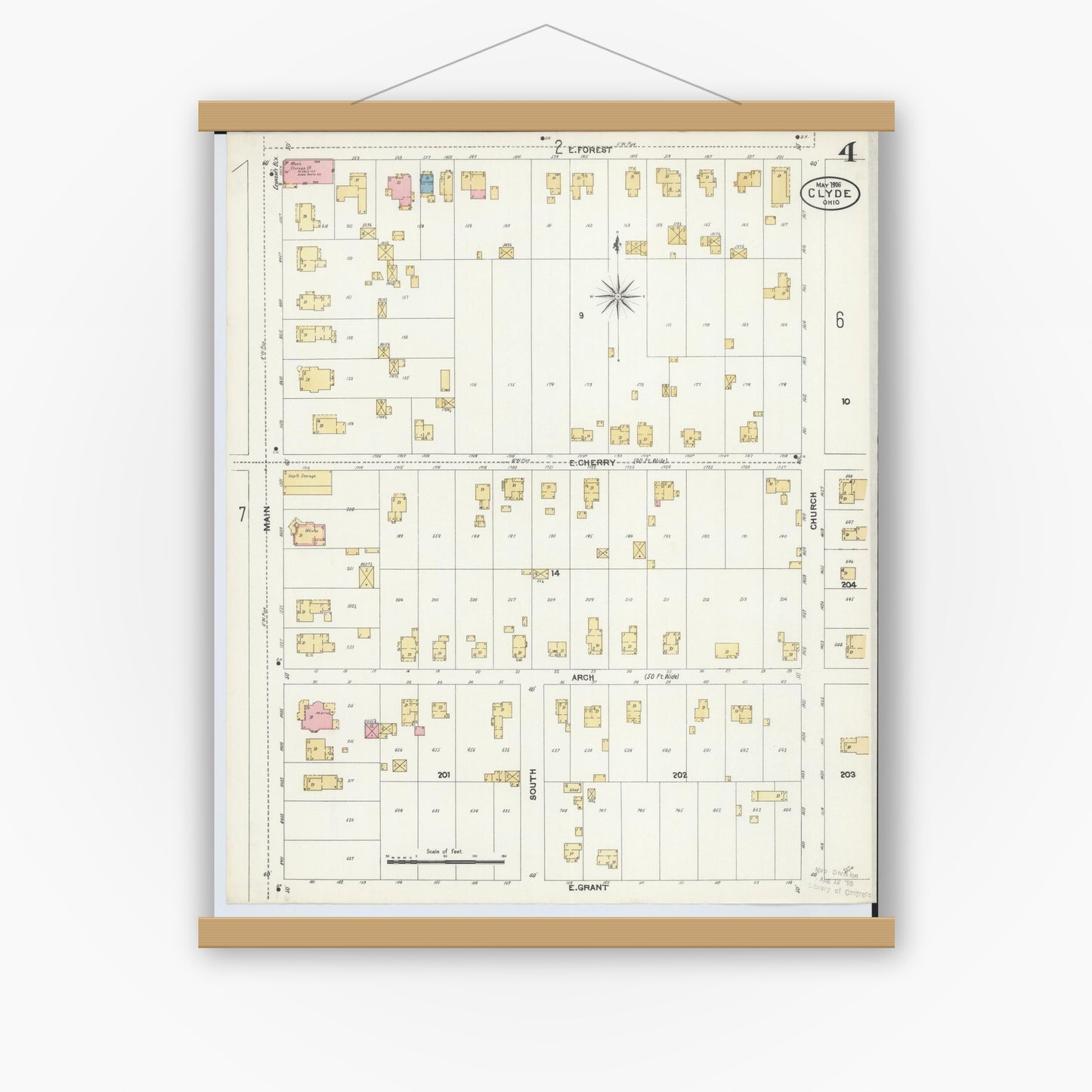 Old map wall art mockup — magnetic wood frame on white wall — Sanborn Fire Insurance Map from Clyde, Sandusky County, Ohio (1906), Sheet #0004
