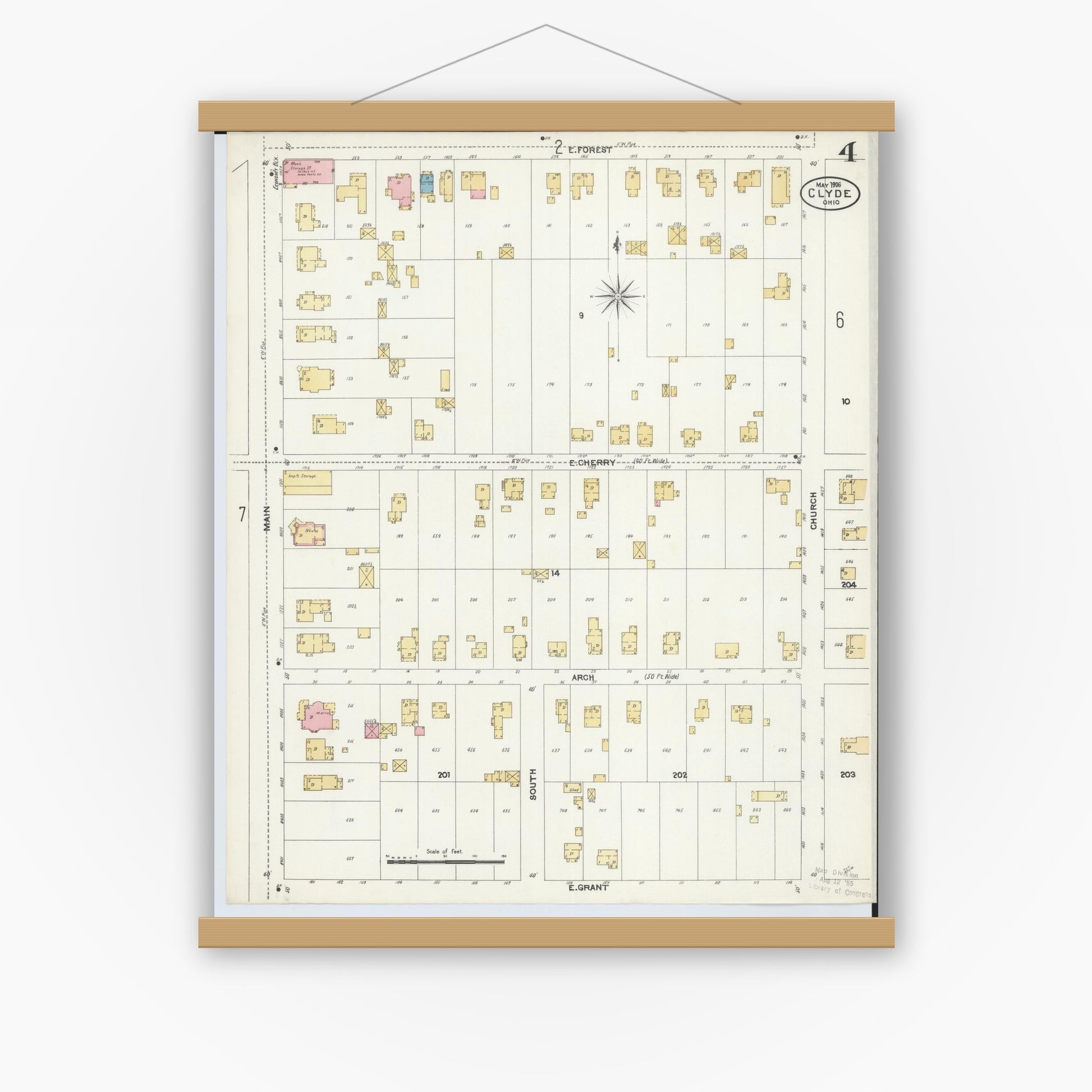 Old map wall art mockup — magnetic wood frame on white wall — Sanborn Fire Insurance Map from Clyde, Sandusky County, Ohio (1906), Sheet #0004