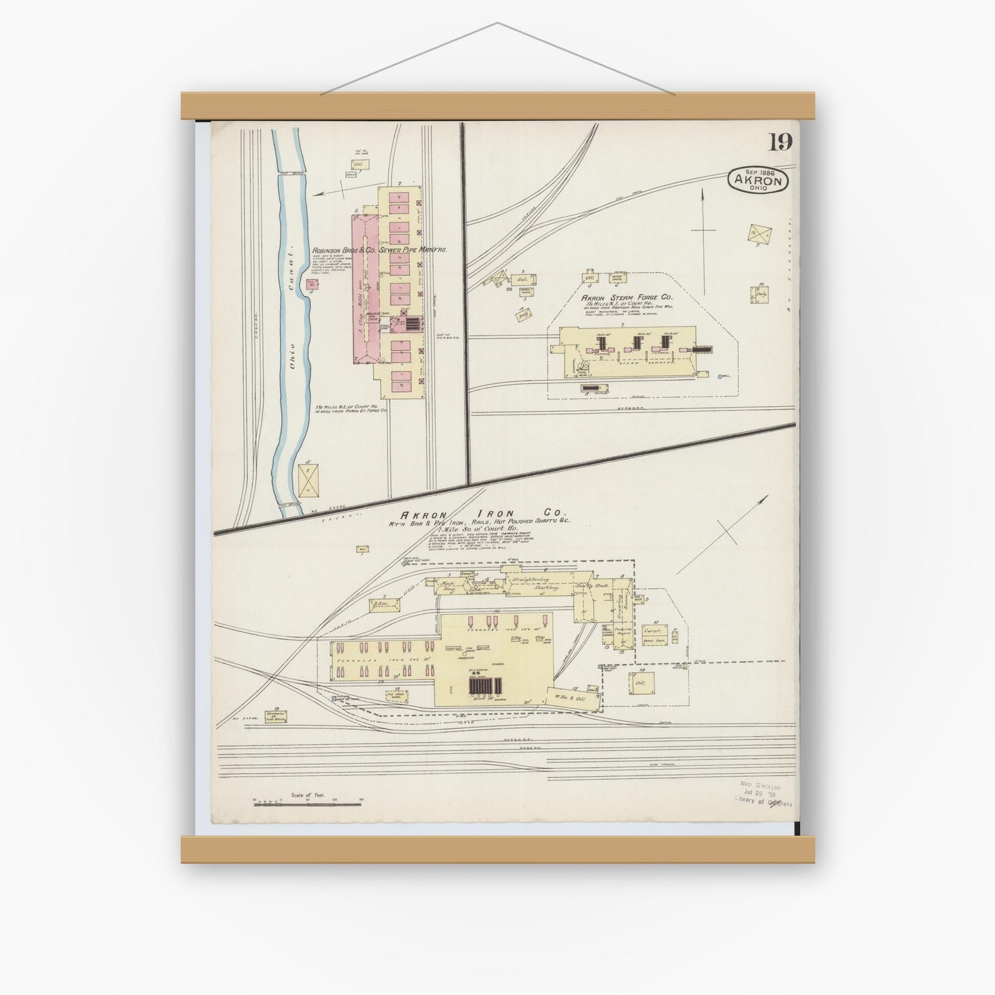 Old map wall art mockup — magnetic wood frame on white wall — Sanborn Fire Insurance Map from Akron, Summit County, Ohio (1886), Sheet #0019