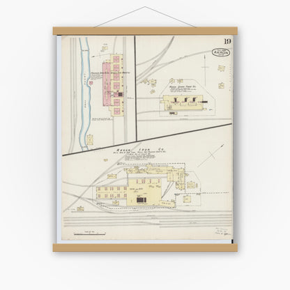 Old map wall art mockup — magnetic wood frame on white wall — Sanborn Fire Insurance Map from Akron, Summit County, Ohio (1886), Sheet #0019