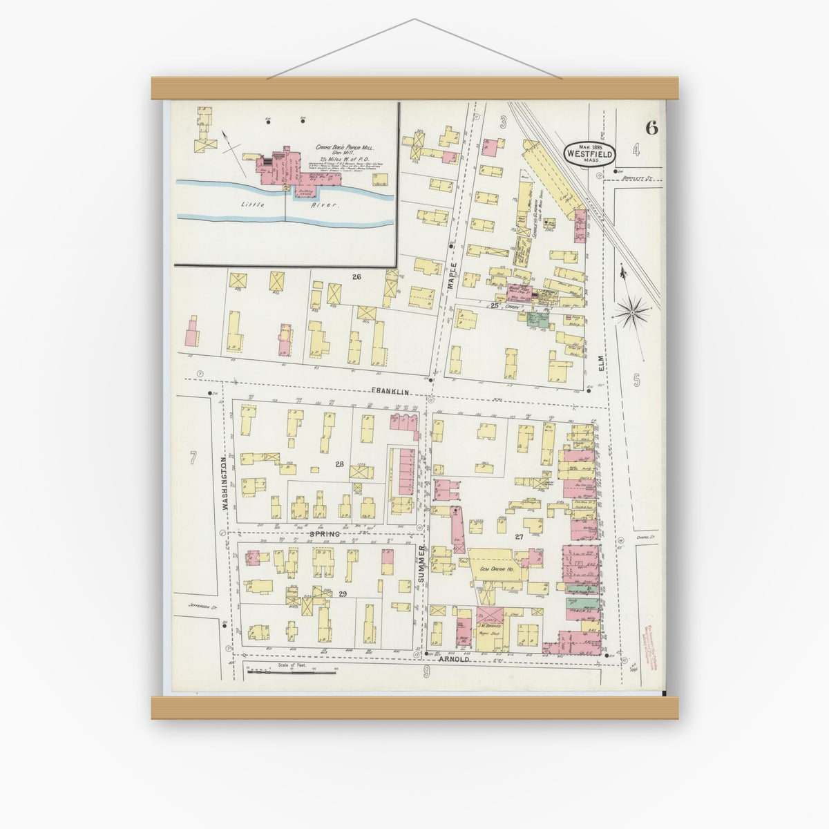 Old map wall art mockup — magnetic wood frame on white wall — Sanborn Fire Insurance Map from Westfield, Hampden County, Massachusetts (1895), Sheet #0006
