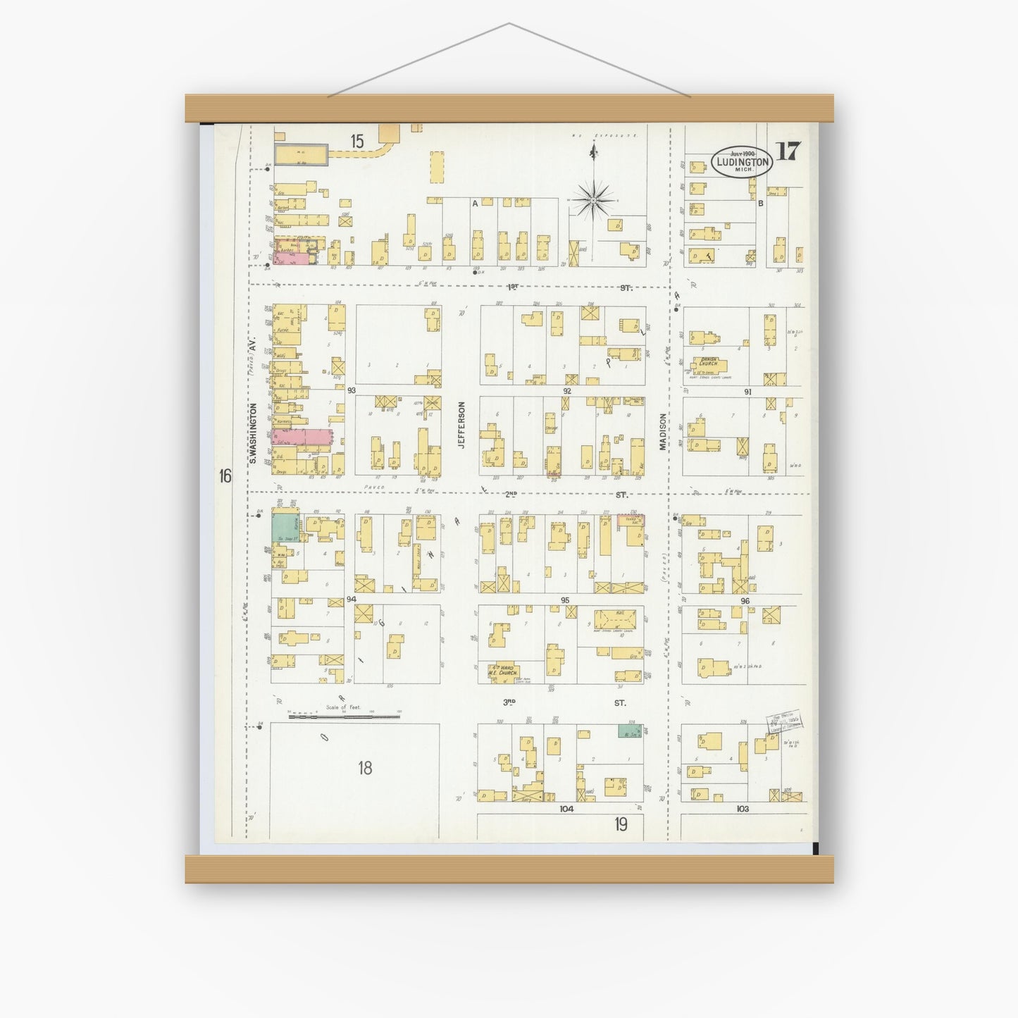 Old map wall art mockup — magnetic wood frame on white wall — Sanborn Fire Insurance Map from Ludington, Mason County, Michigan (1900), Sheet #0017