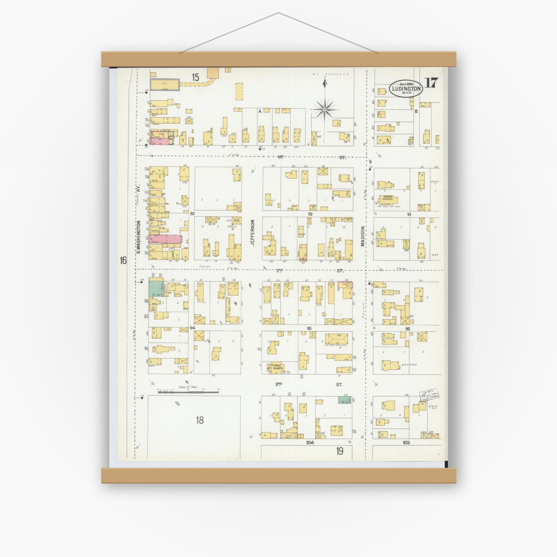 Old map wall art mockup — magnetic wood frame on white wall — Sanborn Fire Insurance Map from Ludington, Mason County, Michigan (1900), Sheet #0017