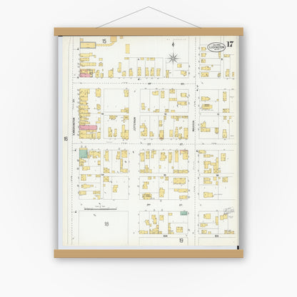 Old map wall art mockup — magnetic wood frame on white wall — Sanborn Fire Insurance Map from Ludington, Mason County, Michigan (1900), Sheet #0017