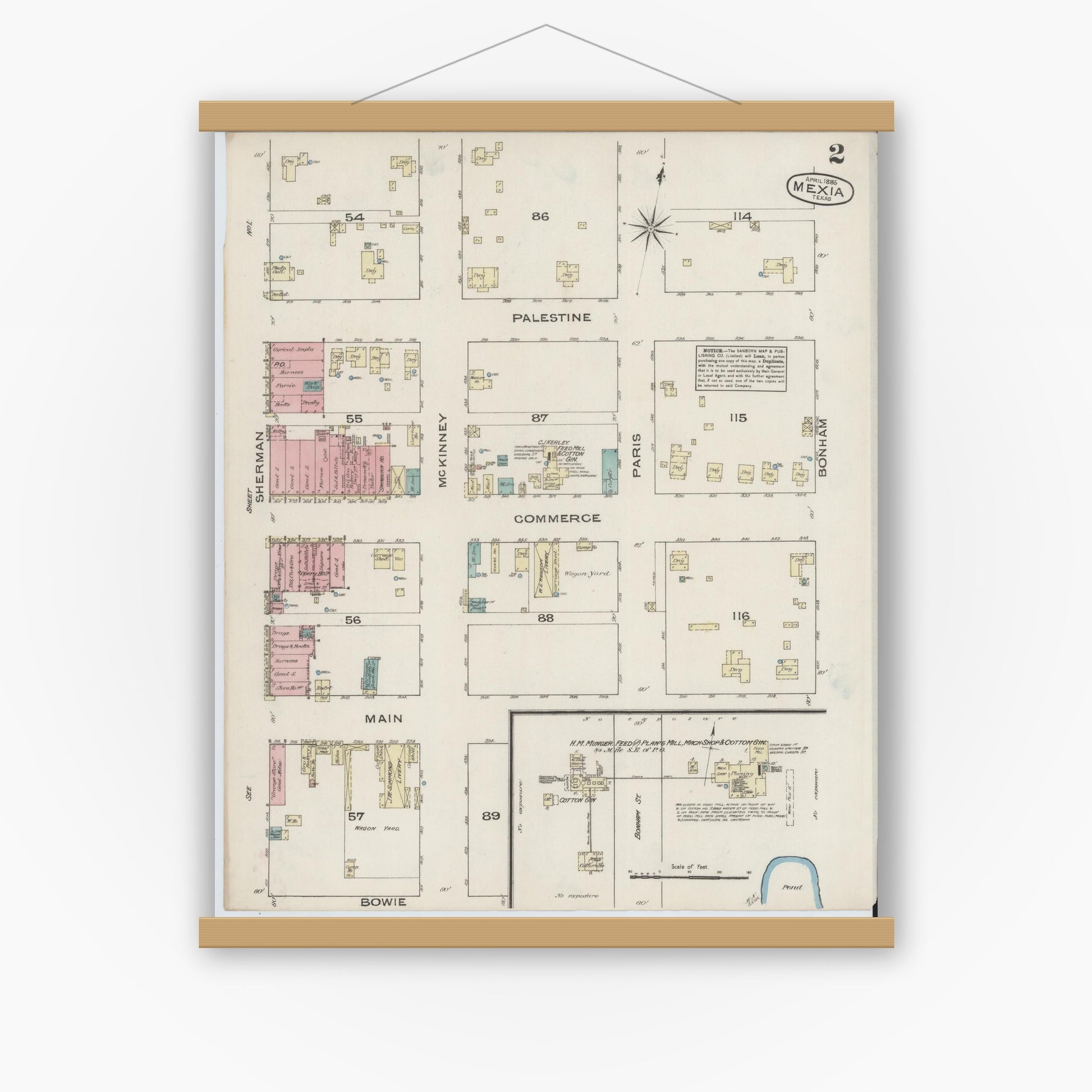 Old map wall art mockup — magnetic wood frame on white wall — Sanborn Fire Insurance Map from Mexia, Limestone County, Texas (1885), Sheet #0002