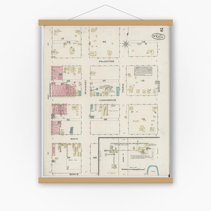 Old map wall art mockup — magnetic wood frame on white wall — Sanborn Fire Insurance Map from Mexia, Limestone County, Texas (1885), Sheet #0002