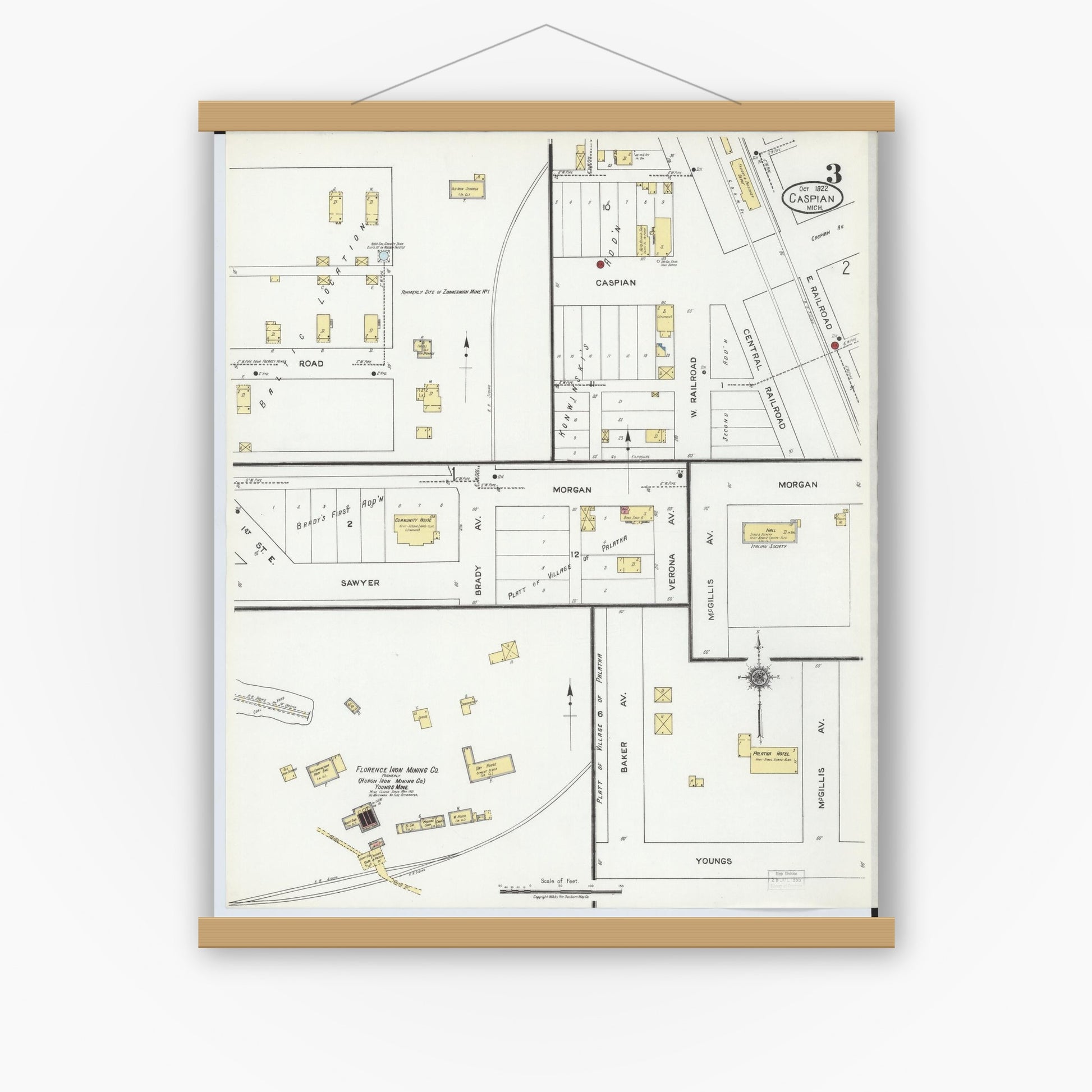Old map wall art mockup — magnetic wood frame on white wall — Sanborn Fire Insurance Map from Caspian, Iron County, Michigan (1922), Sheet #0003